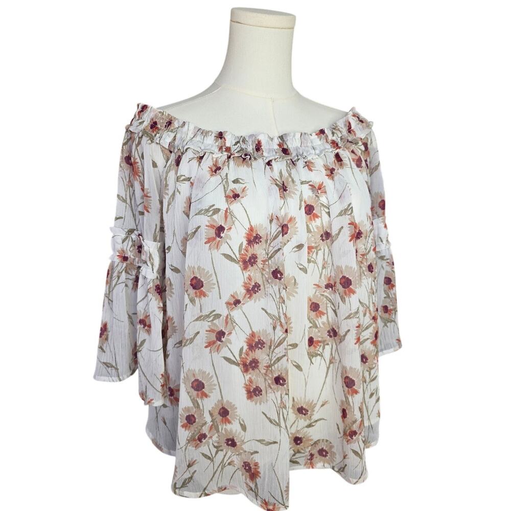 LUCKY BRAND Floral Off-Shoulder 3/4 Sleeve Ruffle SleeveTop